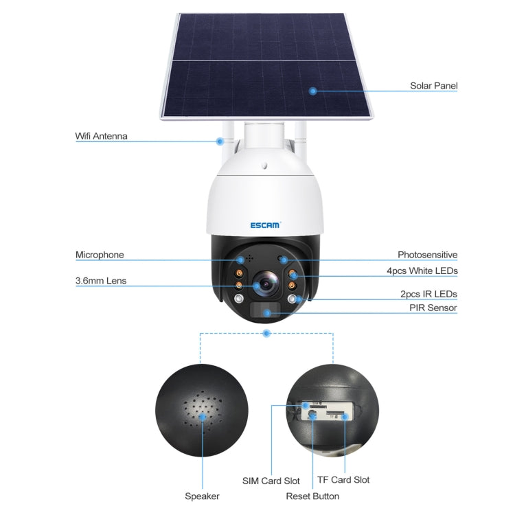 ESCAM QF724 3MP 24h Recording Cloud Storage PT 4G PIR Alarm IP Camera with Solar Panel, US Plug, EU Plug ESCAM QF724 3MP 24h Recording Cloud Storage PT 4G PIR Alarm IP Camera with Solar Panel, US Plug, EU Plug